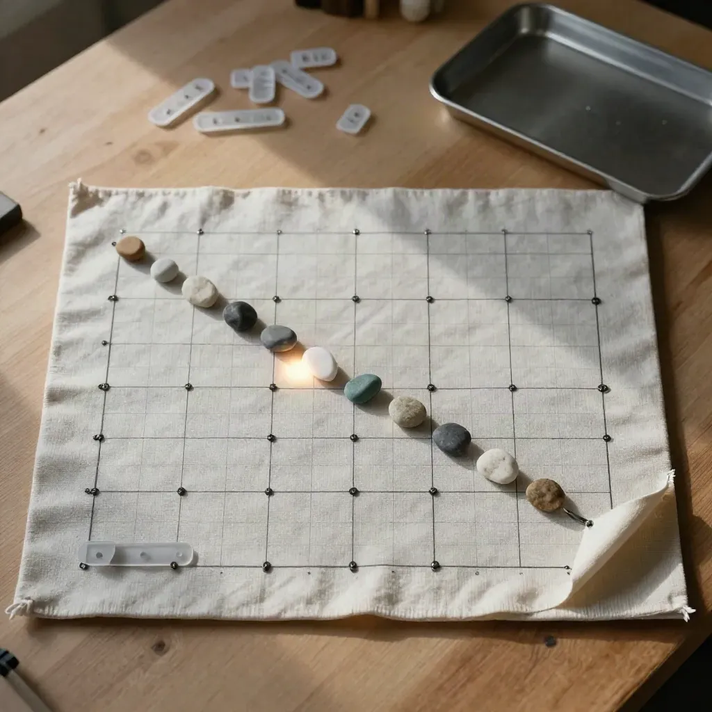Frostige Tabs und Gewichte auf Leinentafel für einen klaren Wandelplan.