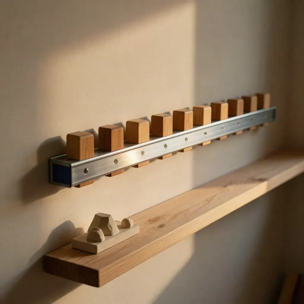 Schräg von oben: Aluminium-Schiene mit Holz-Markern und Gipsmodell im warmen Werkstattlicht.
