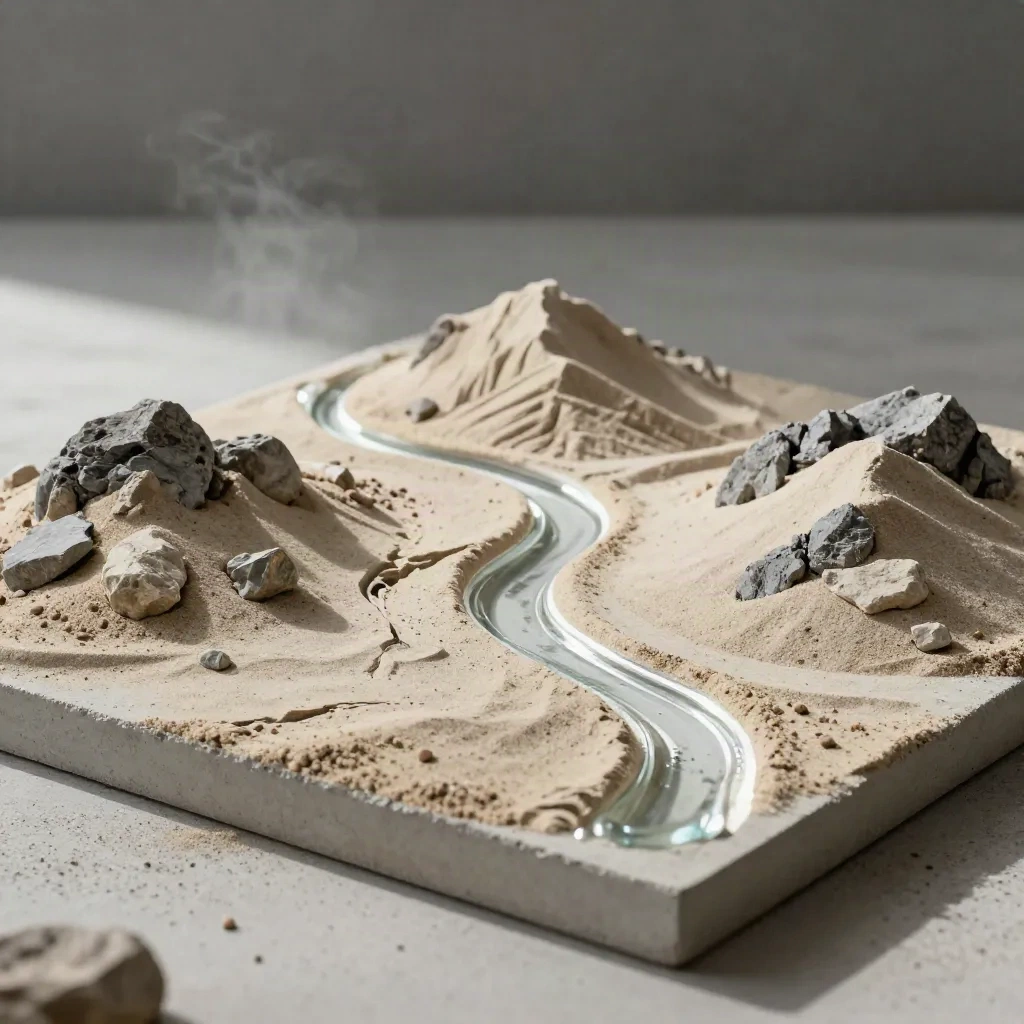 Drei Miniaturlandschaften aus Sand, Stein und Harz auf hellem Beton, die sich verzweigen.