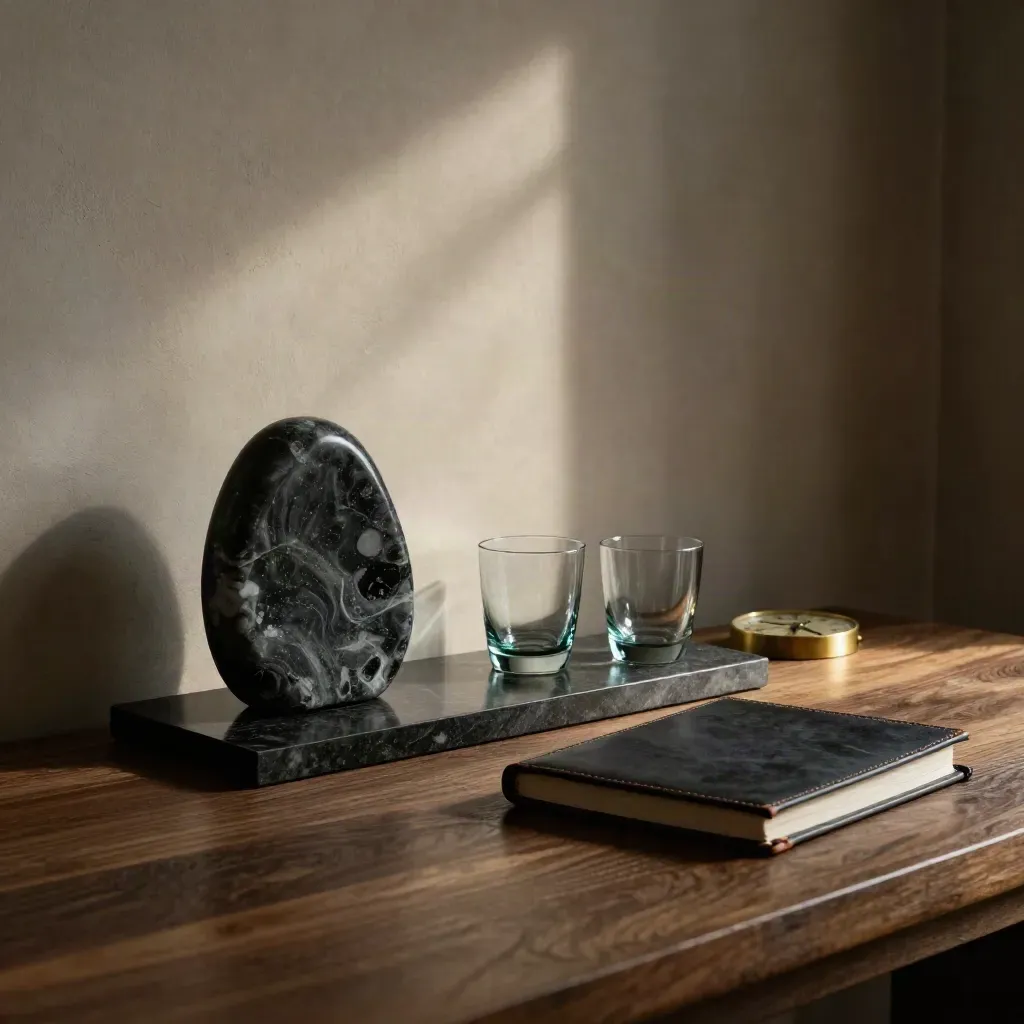 Dunkle Coaching-Ecke mit Obsidianstein, Gläsern, Uhr und geschlossenem Lederbuch im Licht.