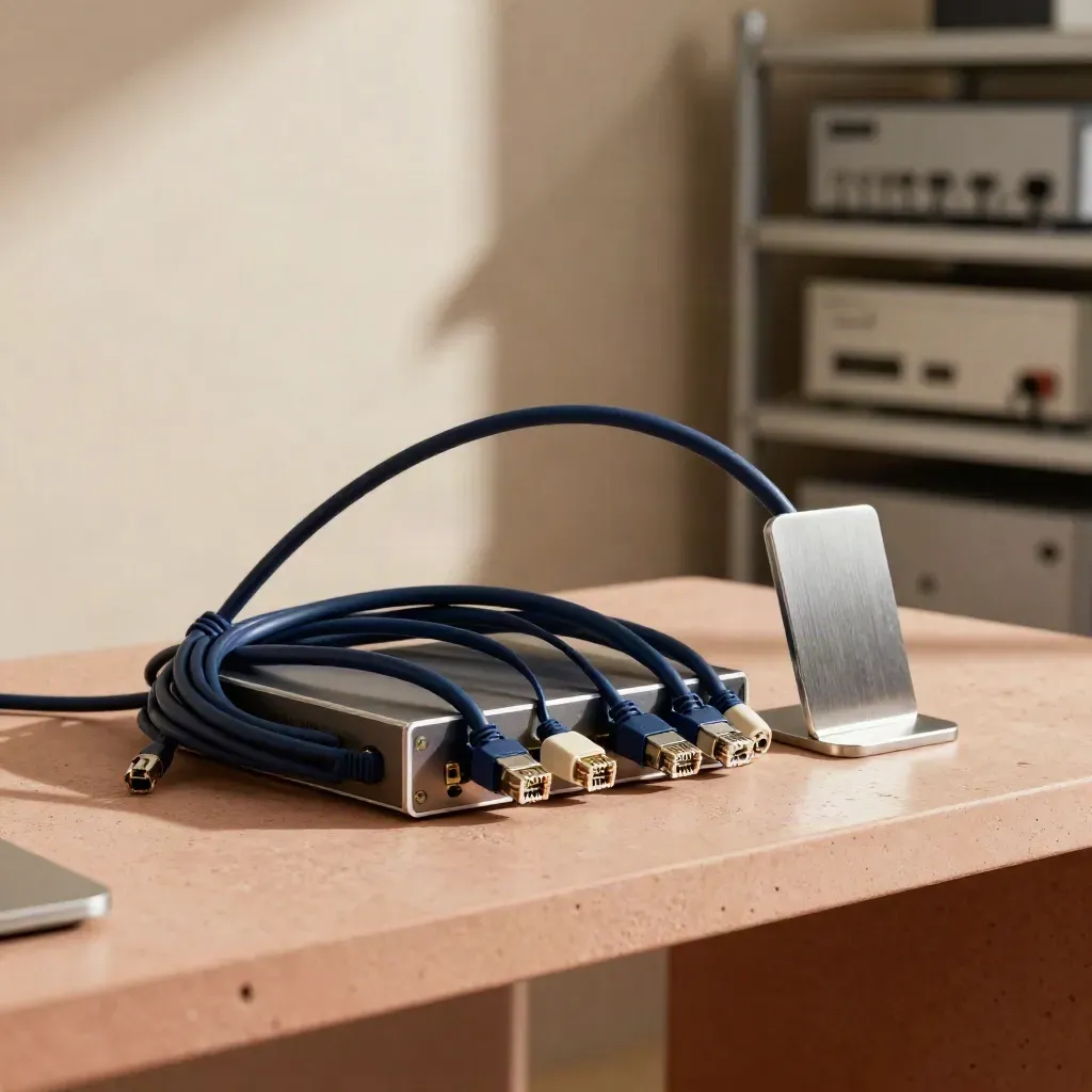Digitales Rollout-Kit mit Kabeln, Servermodul und Metallständer auf terrakottafarbenem Werkbrett.