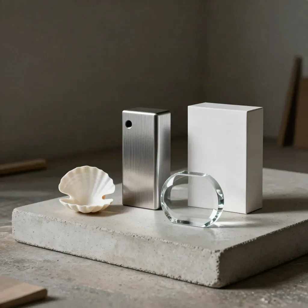 Drei Produktmuster auf Betonplinth, klare Resin-Probe vorn, dramatisches Seitenlicht.