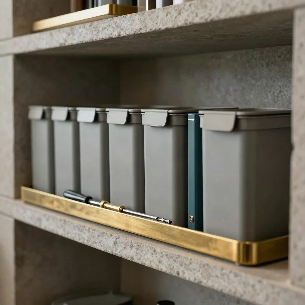 Ordentliches Operationsregal mit matten Boxen und Messingtablett vor Steinwand.