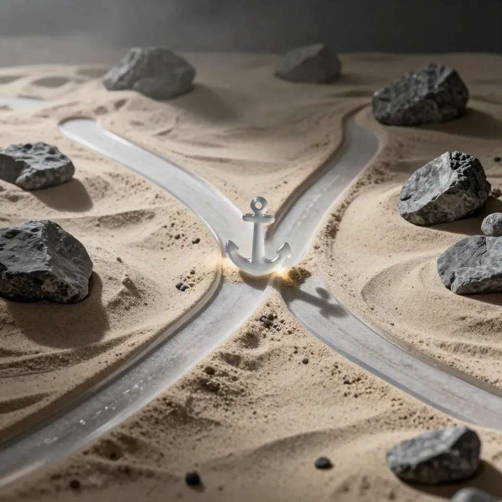 Drei durchsichtige Routenmodelle auf Sand um einen Ankerstein, dramatisch beleuchtet.