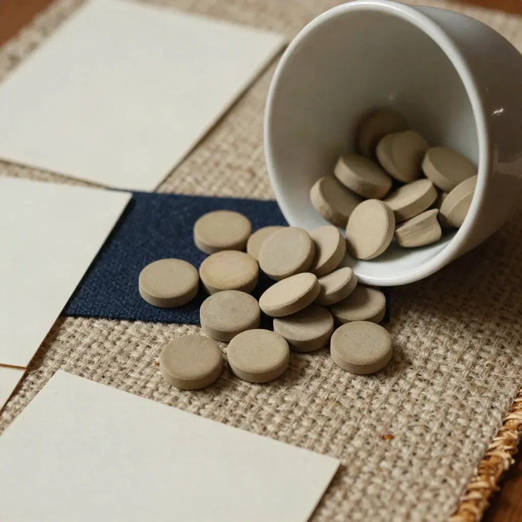 Workshop-Kit mit Karten, Dot-Chips und Keramikschale auf textilem Untergrund