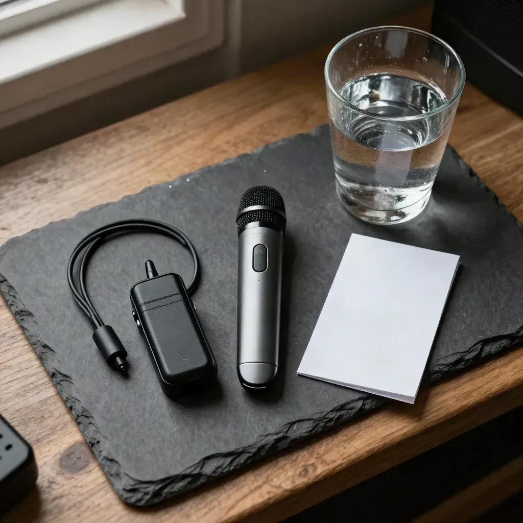 Overhead-Stillleben mit Clicker, Mikrofonpack, Cue-Karte und Wasserglas auf Schiefer.