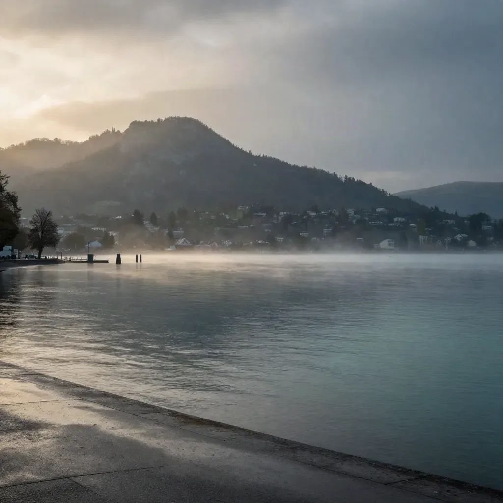 Zürichs Seepanorama im Goldlicht, Uetliberg hoch im Bild, ruhiges Wasser und Dunst nach Regen.