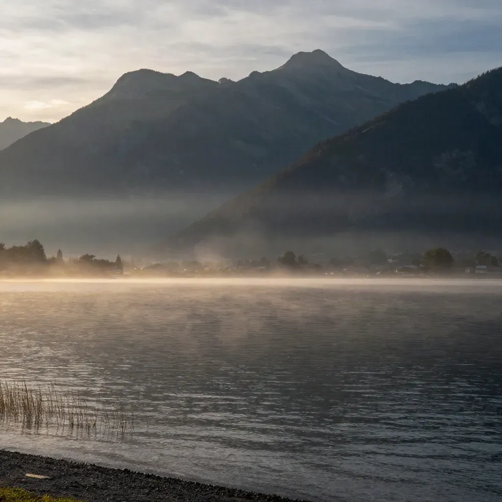Luzerner See mit Pilatus und Rigi im Abenddunst, ruhige Wasserfläche für Text.