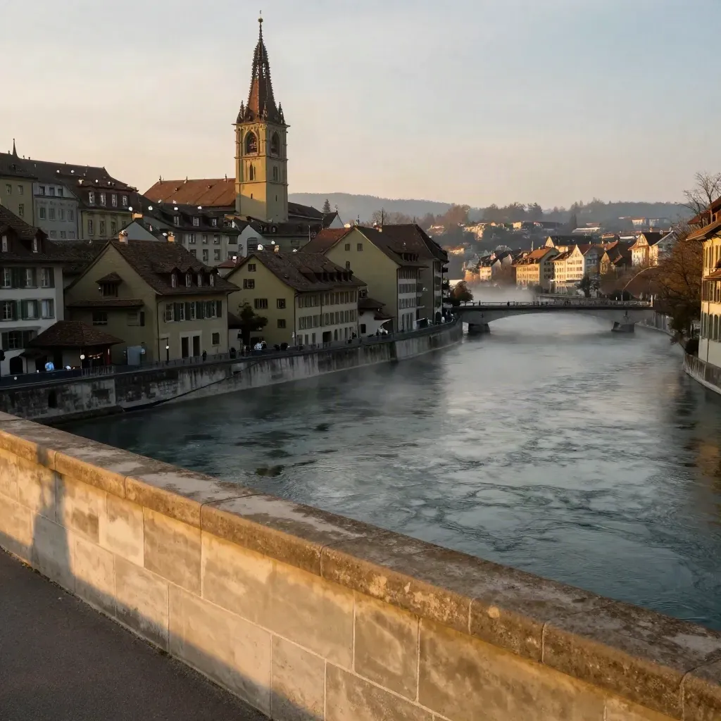 Berns Altstadt mit Münsterturm und Aareschlaufe, oben detailreich, unten ruhig und hell.